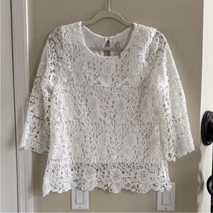 Elegant White Lace Detail Top with Pearl Accent